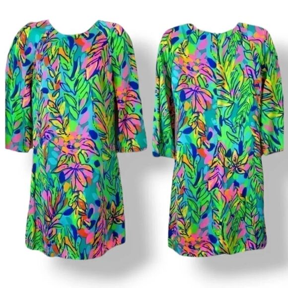 Lilly Pulitzer Carol Shift Dress in Multi Hot Spot Island 50+ UPF Satin Size 00 - Picture 2 of 10